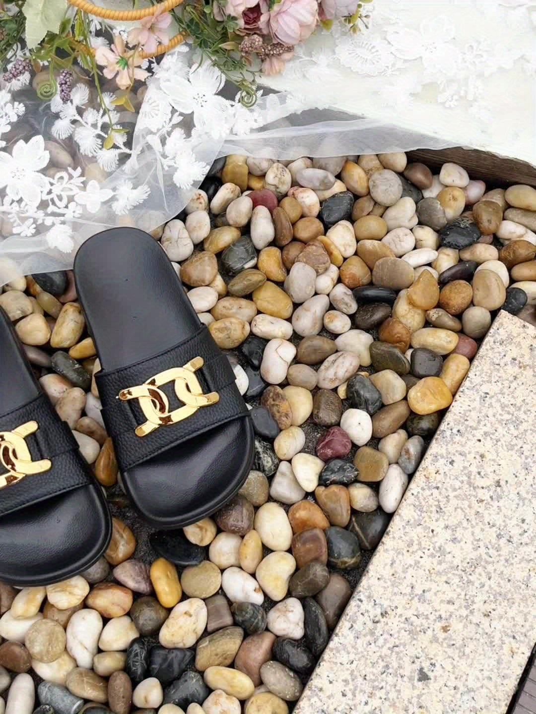 Women's Black Slip-On Flat Sandals