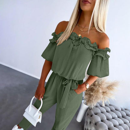 Women's Off-Shoulder Frill Tie-Waist Jumpsuit