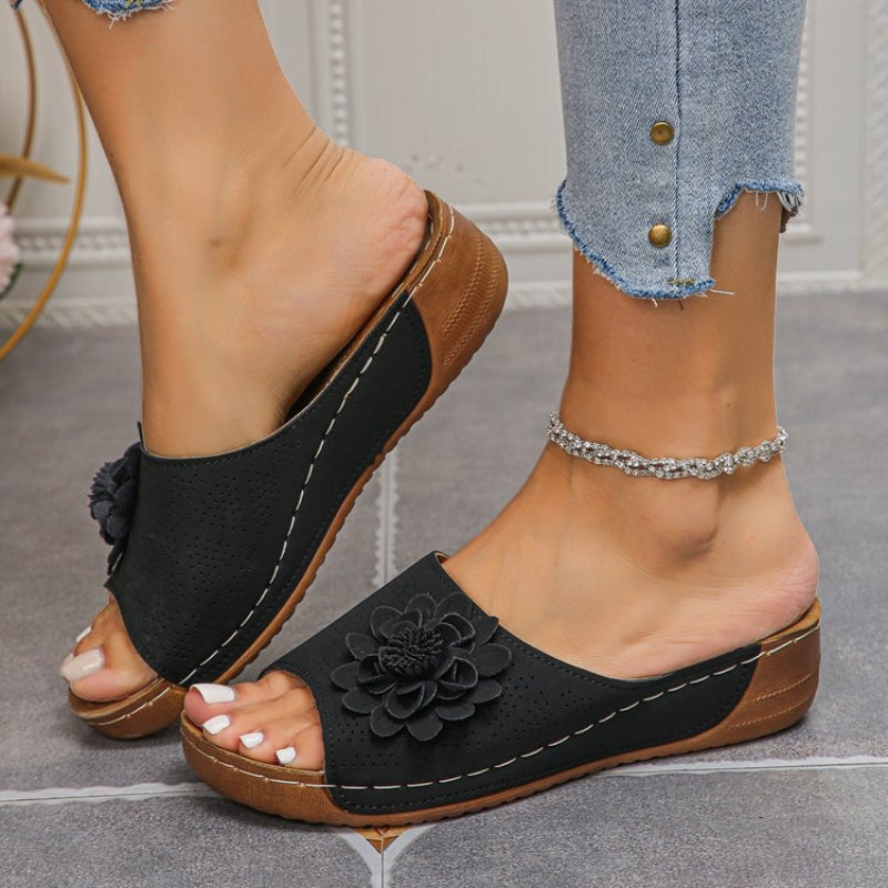 Women's Flower Wedge Slip-On Open Toe Slides