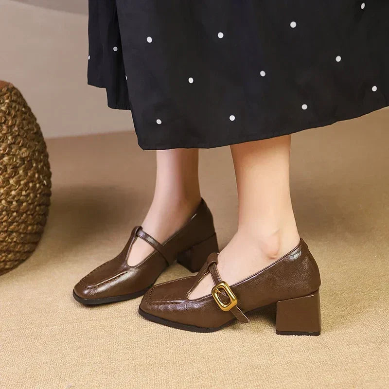 Women's Square Toe Mary Jane Block Heel Gold Buckle