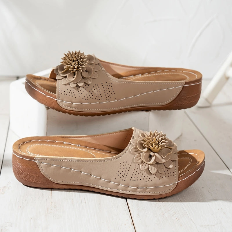 Women's Flower Wedge Slip-On Open Toe Slides