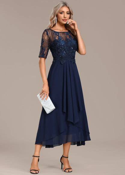 Women's Navy Lace Cocktail Midi Dress