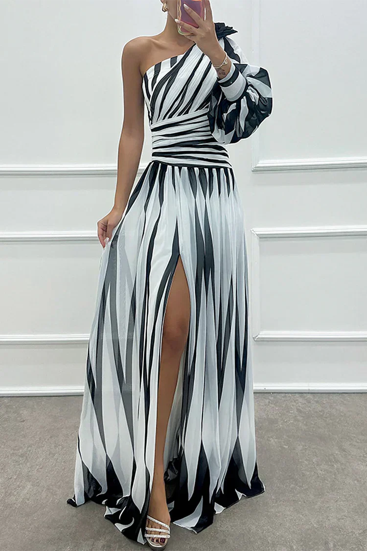 Women's Striped One-Shoulder Wedding Guest Maxi Dress