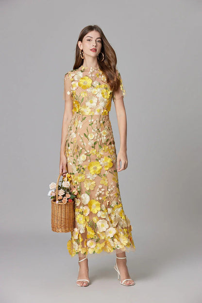 Women's Floral Appliqué Summer Gala Maxi Dress