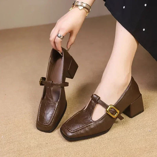 Women's Square Toe Mary Jane Block Heel Gold Buckle