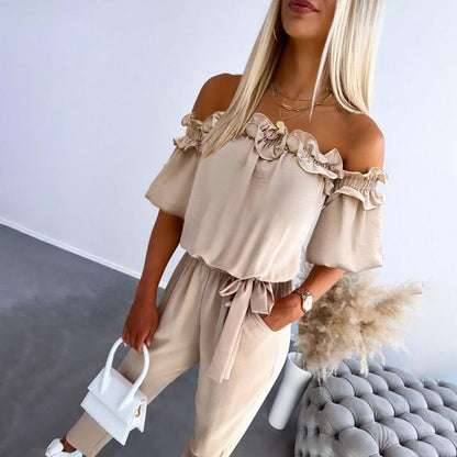 Women's Off-Shoulder Frill Tie-Waist Jumpsuit