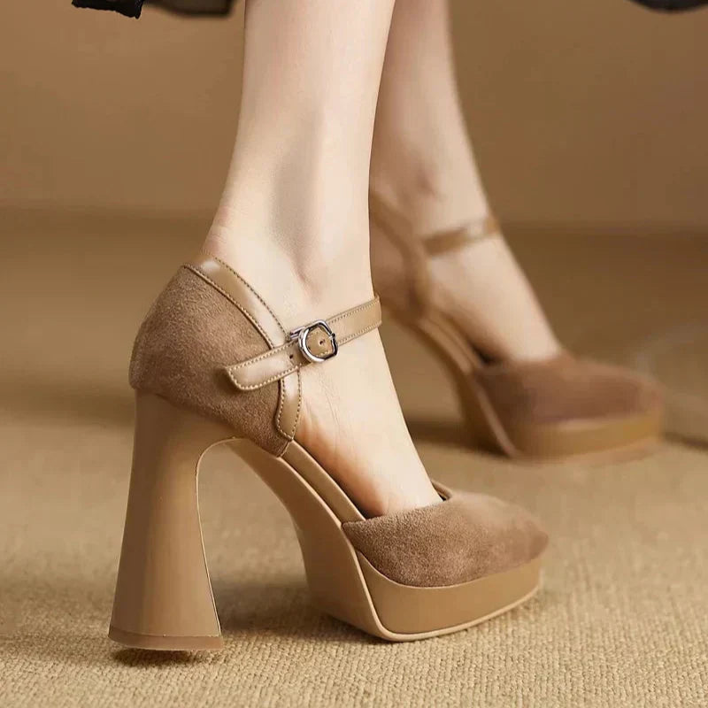 Women's Platform Block Heel Pumps Ankle Strap High Heels