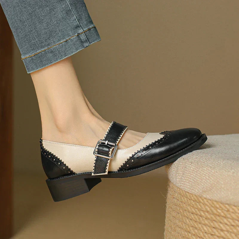 Women's Two-Tone Leather Mary Jane Brogue T-Strap Shoes