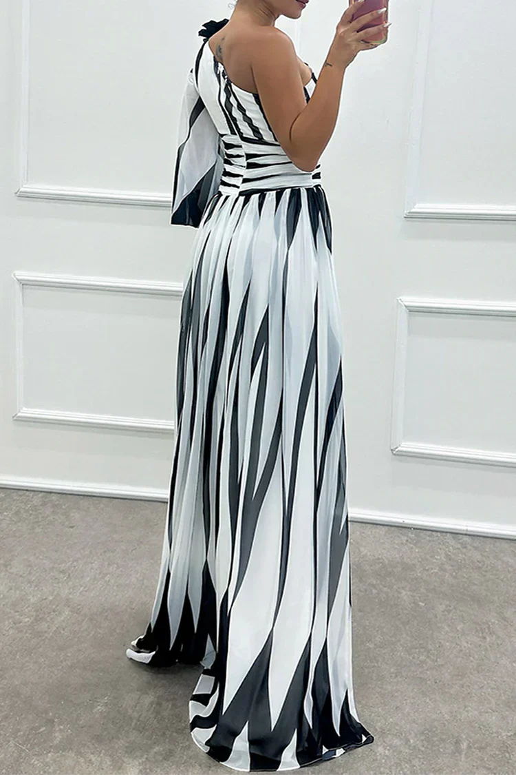 Women's Striped One-Shoulder Wedding Guest Maxi Dress