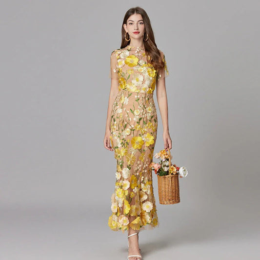 Women's Floral Appliqué Summer Gala Maxi Dress