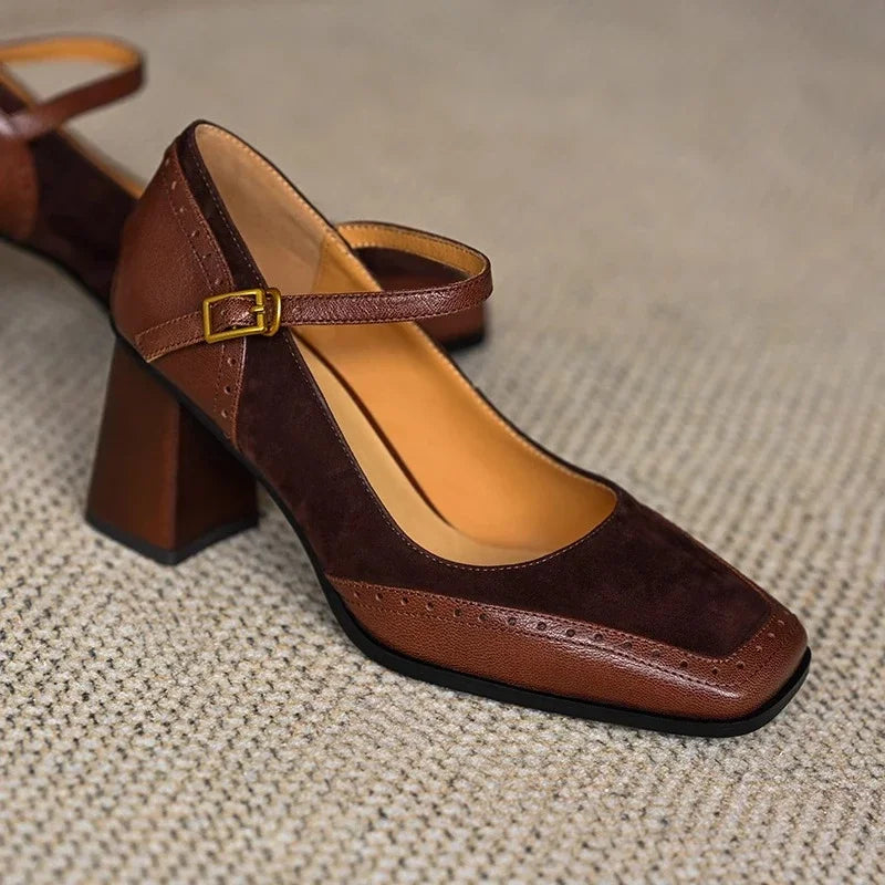 Women's Square Toe Block Heel Pumps Ankle Strap