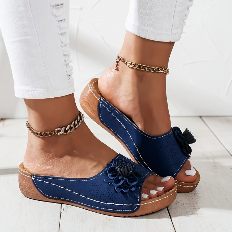 Women's Flower Wedge Slip-On Open Toe Slides
