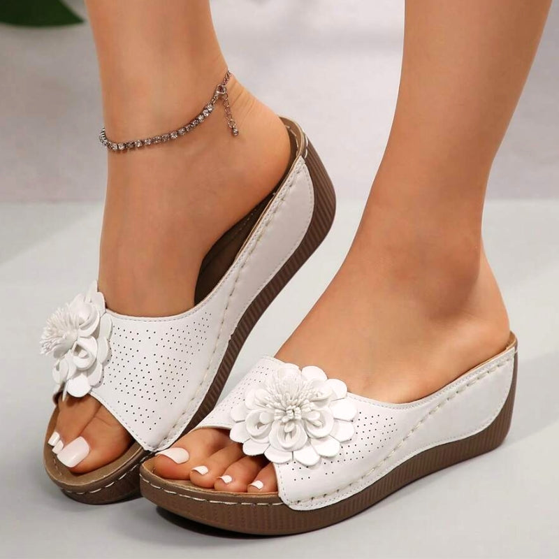 Women's Flower Wedge Slip-On Open Toe Slides