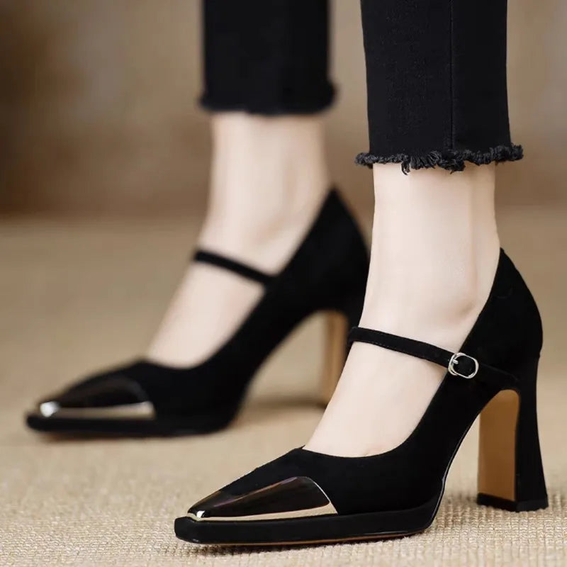 Women's Mary Jane Block Heel Pumps Cap Toe