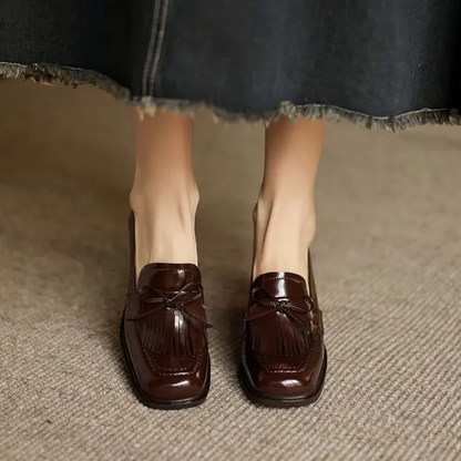 Women's Tassel Block Heel Loafer Pumps Round Toe