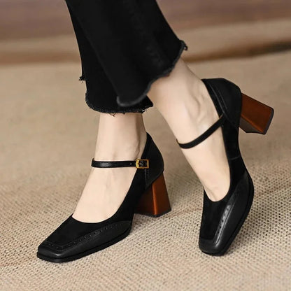 Women's Square Toe Block Heel Pumps Ankle Strap