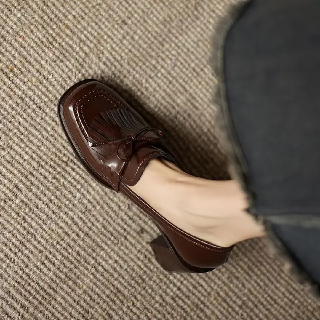 Women's Tassel Block Heel Loafer Pumps Round Toe