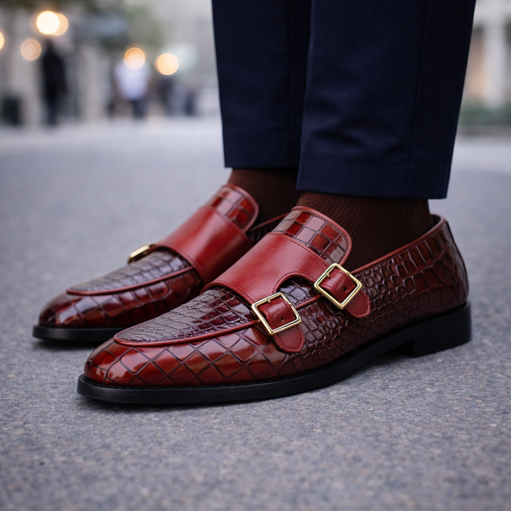 Ferrino Croc-Embossed Italian Leather Monk Strap Orthopedic Shoes