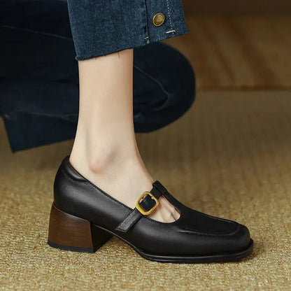 Women's T-Strap Mary Jane Shoes Square Toe Low Block Heel