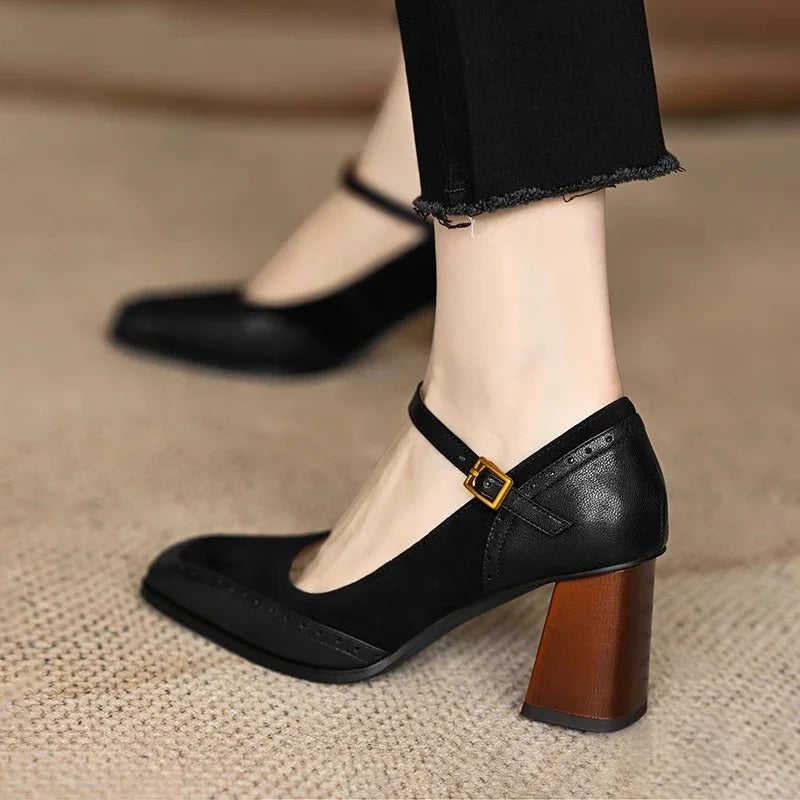 Women's Square Toe Block Heel Pumps Ankle Strap