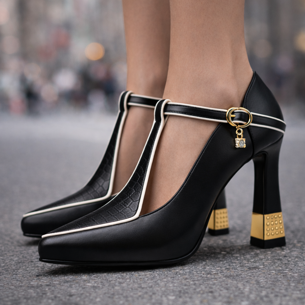 Bellara Leather Block Heels with Buckle