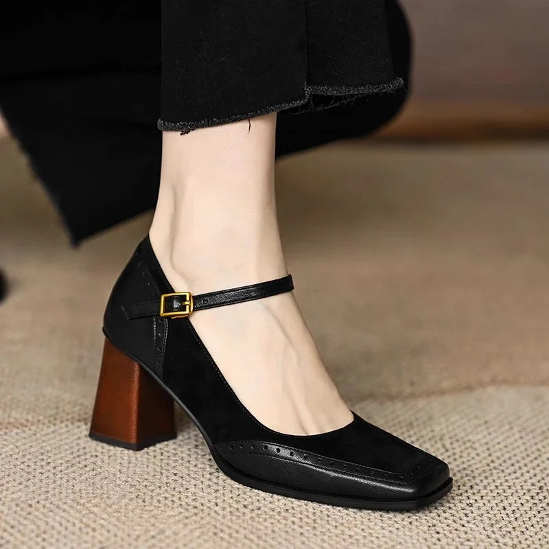 Women's Square Toe Block Heel Pumps Ankle Strap