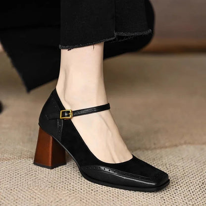 Women's Square Toe Block Heel Pumps Ankle Strap