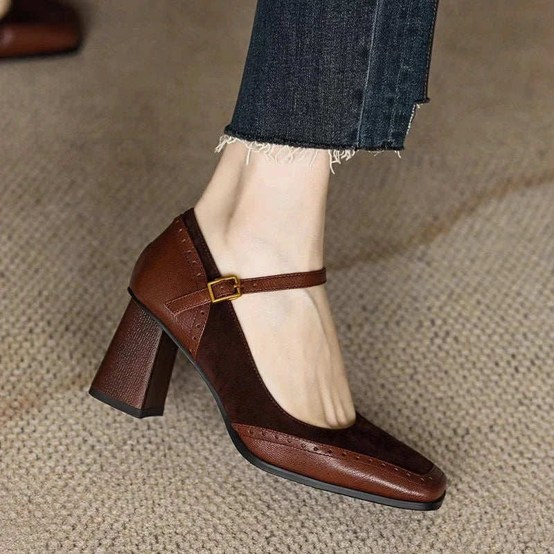 Women's Square Toe Block Heel Pumps Ankle Strap
