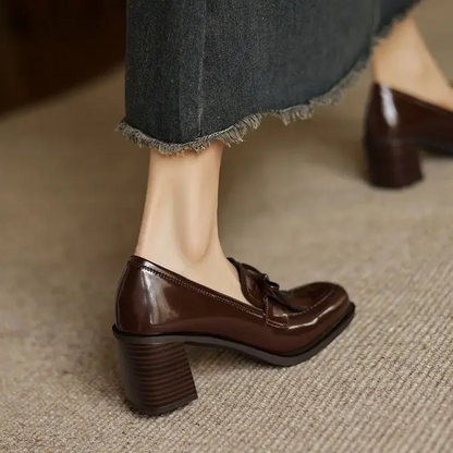 Women's Tassel Block Heel Loafer Pumps Round Toe