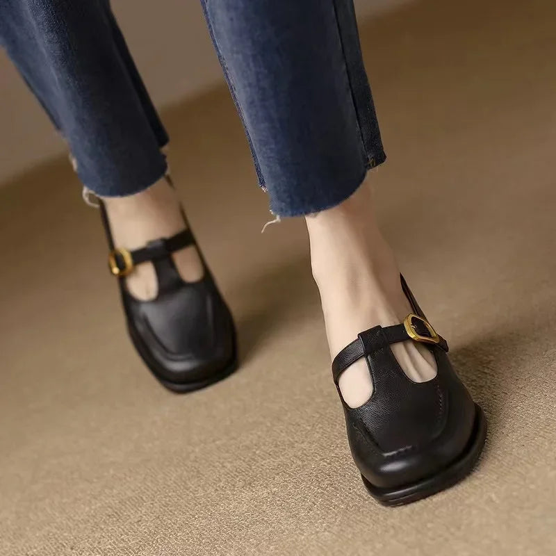 Women's T-Strap Mary Jane Shoes Square Toe Low Block Heel