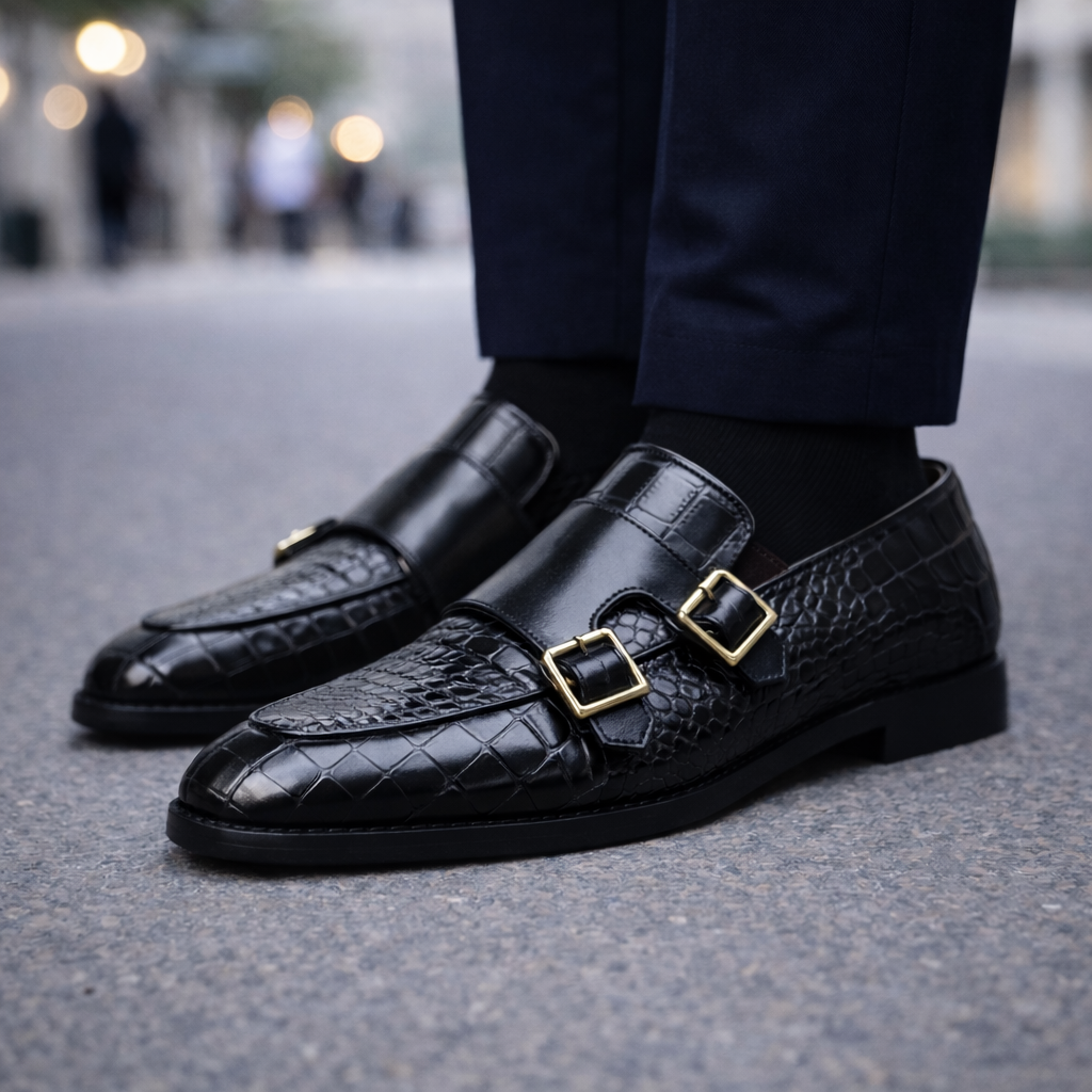 Ferrino Croc-Embossed Italian Leather Monk Strap Orthopedic Shoes