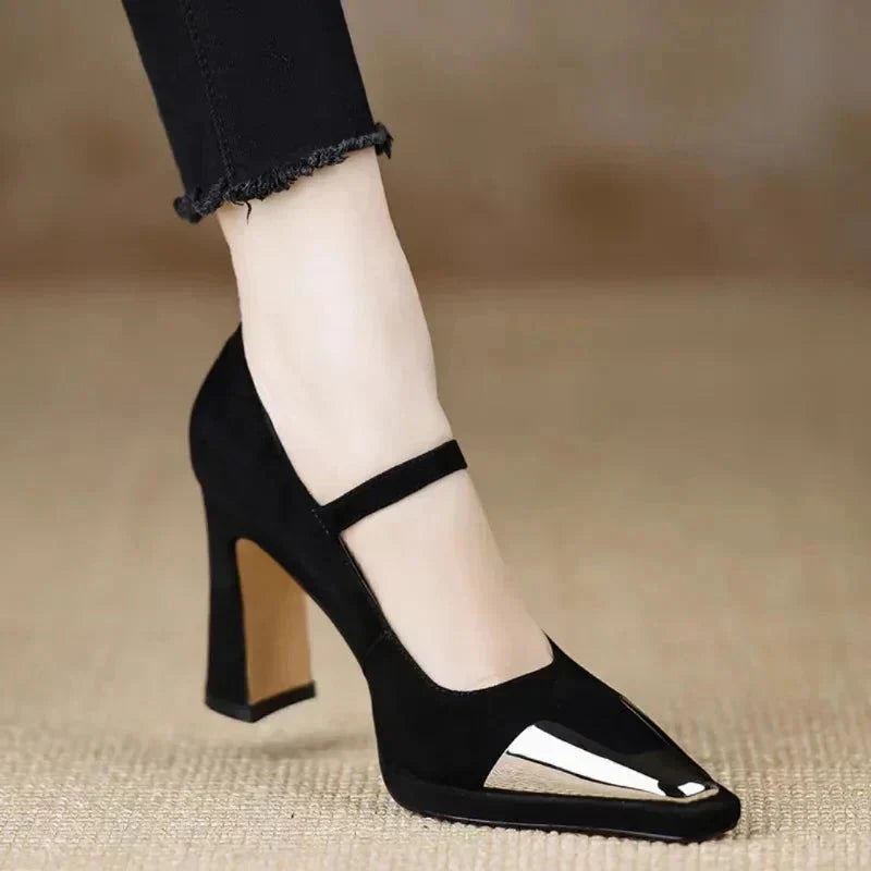 Women's Mary Jane Block Heel Pumps Cap Toe