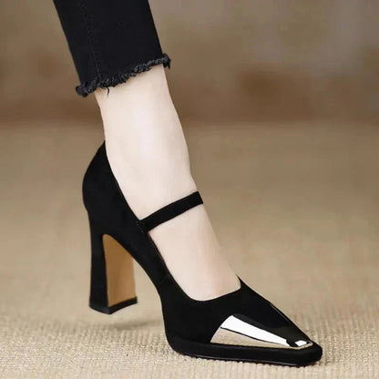 Women's Mary Jane Block Heel Pumps Cap Toe