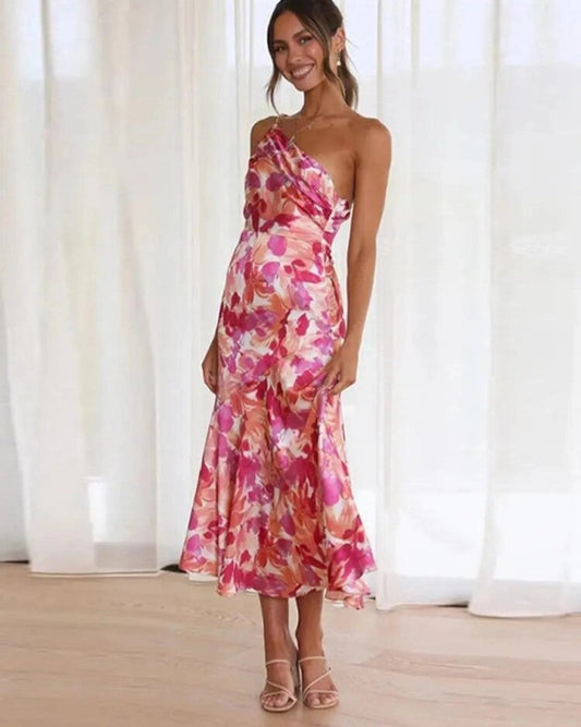 Women's Floral Asymmetric Wedding Guest Midi Dress