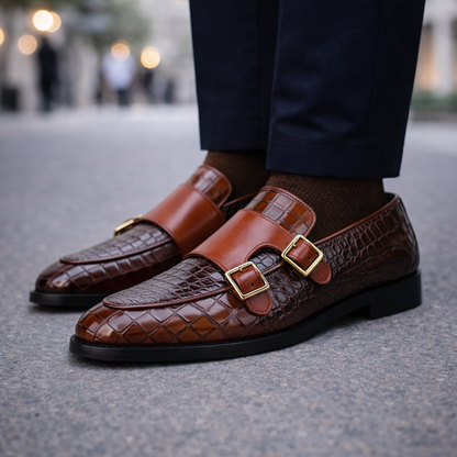 Ferrino Croc-Embossed Italian Leather Monk Strap Orthopedic Shoes