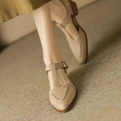 Women's T-Strap Buckle Shoes Pointed Toe Low Heel