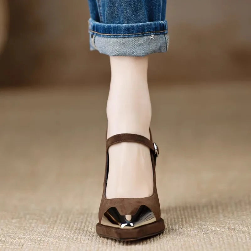 Women's Mary Jane Block Heel Pumps Cap Toe