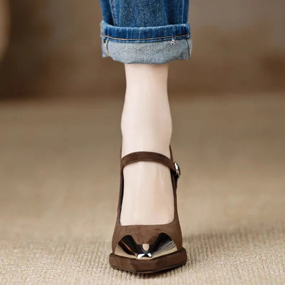 Women's Mary Jane Block Heel Pumps Cap Toe