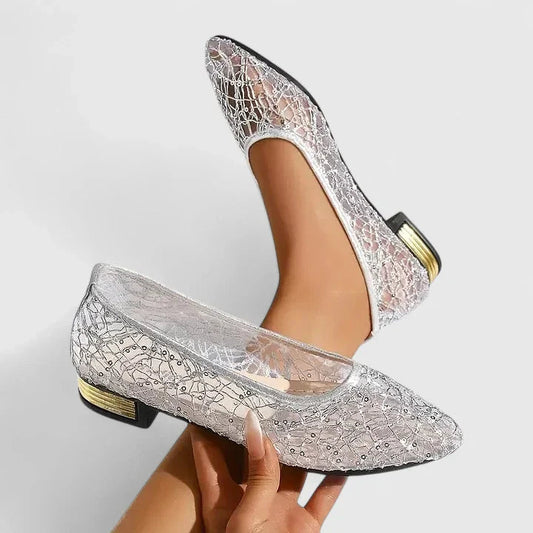 Women's Lace Pointed Toe Flats Low Block Heel
