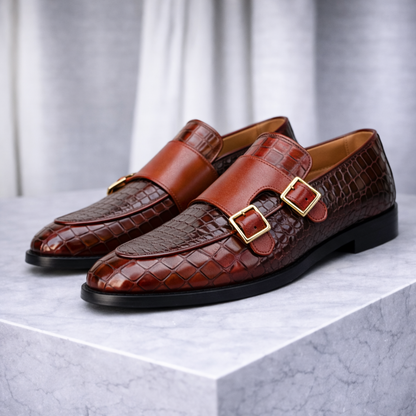 Ferrino Croc-Embossed Italian Leather Monk Strap Orthopedic Shoes