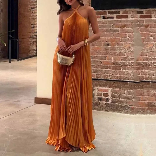 Women's Pleated Halter Wedding Guest Maxi Dress