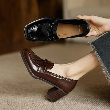 Women's Tassel Block Heel Loafer Pumps Round Toe