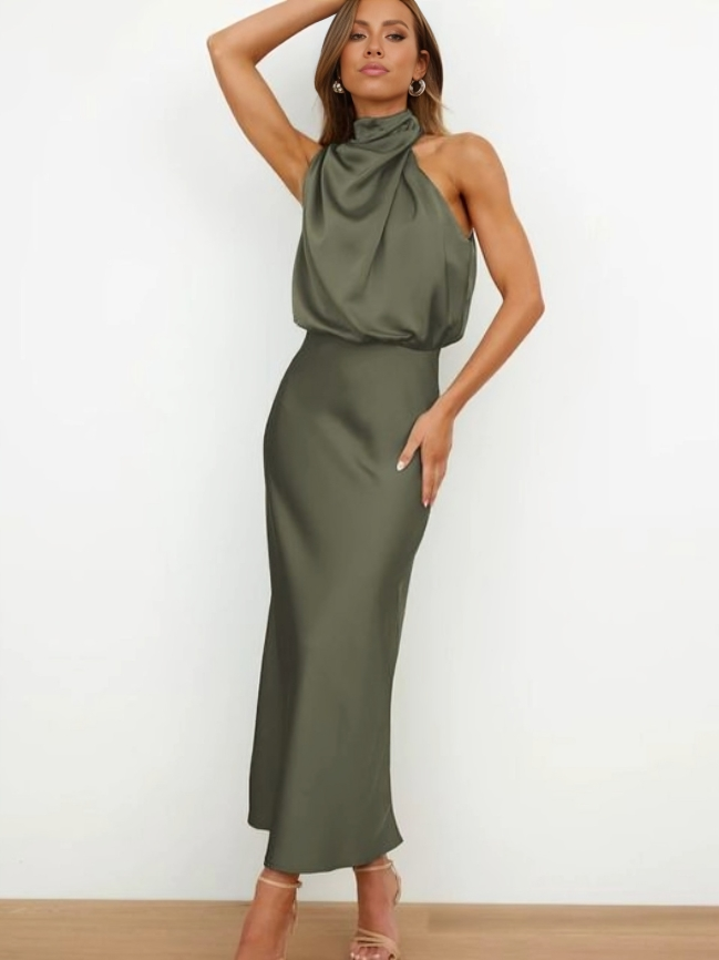 Women's Satin Halter Evening Maxi Dress