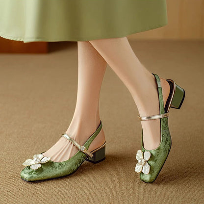 Women's Floral Slingback Square Toe Block Heel Pumps