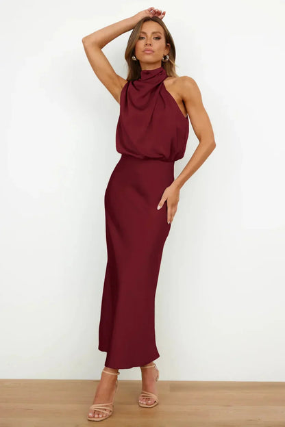 Women's Satin Halter Evening Maxi Dress