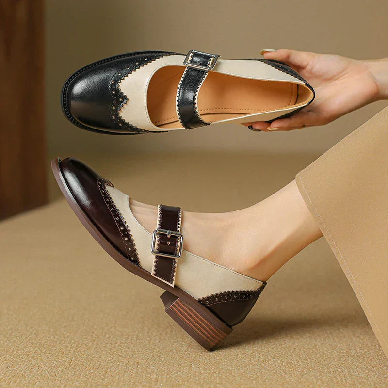 Women's Two-Tone Leather Mary Jane Brogue T-Strap Shoes