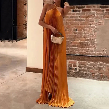 Women's Pleated Halter Wedding Guest Maxi Dress