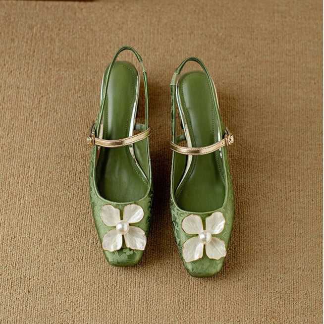Women's Floral Slingback Square Toe Block Heel Pumps