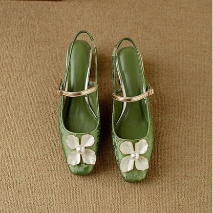 Women's Floral Slingback Square Toe Block Heel Pumps