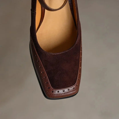 Women's Square Toe Block Heel Pumps Ankle Strap